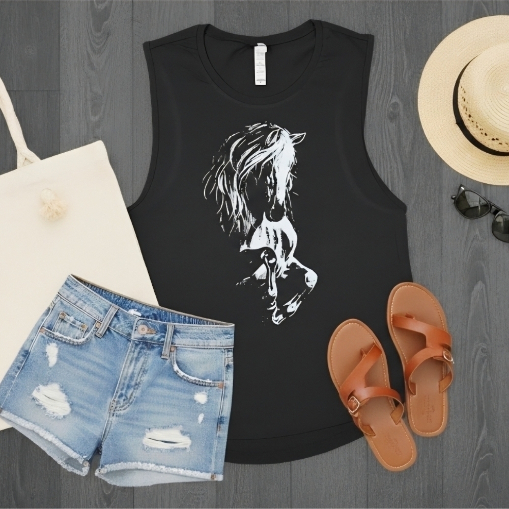 Horse Sketch Tank Top Black Sleeveless Western Equestrian Graphic Shirt